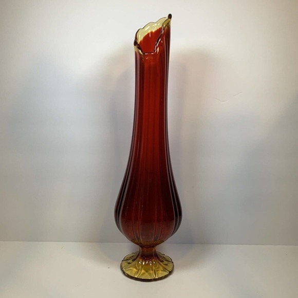 Vintage Amberina Glass 16 in Stretch Ribbed Footed Pedestal Vase